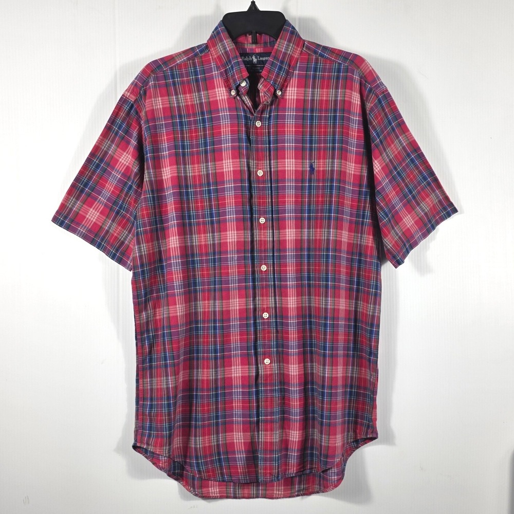 Ralph Lauren Blake Mens Medium Red Plaid Short Sleeve Button Down Cotton Shirt